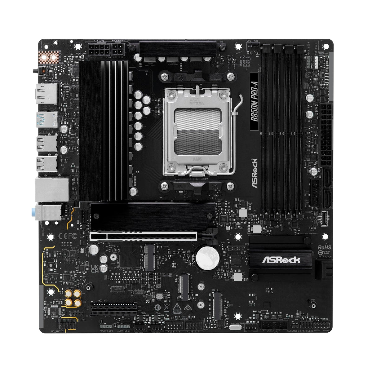 ASRock B850M Pro-A AMD AM5 Socket Motherboard, Micro-ATX, 4x DDR5 Slots, 3x M.2 Sockets, 2.5GbE LAN, 1x DisplayPort / 1x HDMI Port