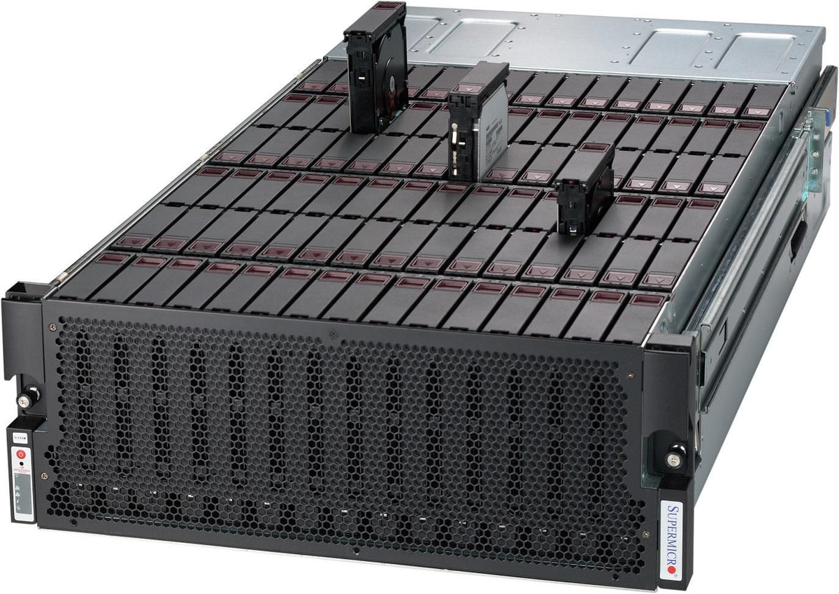 Supermicro SuperChassis, 90 x 3.5” or 2.5” Top Loading SAS3 HDD, HDD LED, Slide Rails, 5 x 80mm Fans