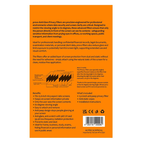 prevo 15.6 Inch Laptop Privacy Screen/ Privacy Filter, Anti-Glare, Anti-Peep, Anti-Static, Blackout